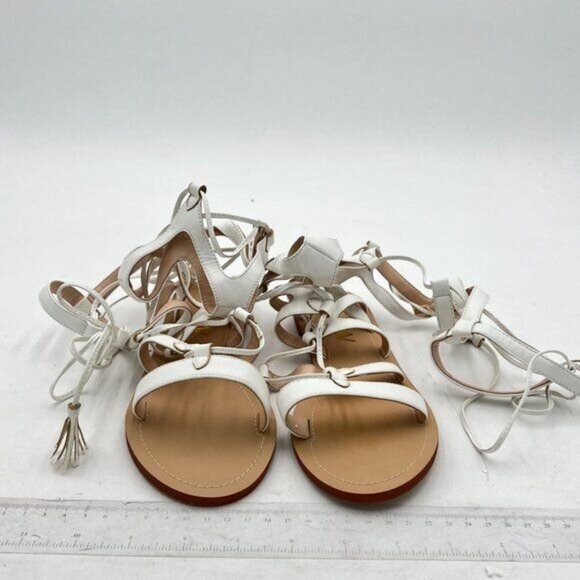 YDN White Sexy Knee High Lace up Flats Fringe Low Heel Gladiator Strap Sandals - Picture 3 of 8